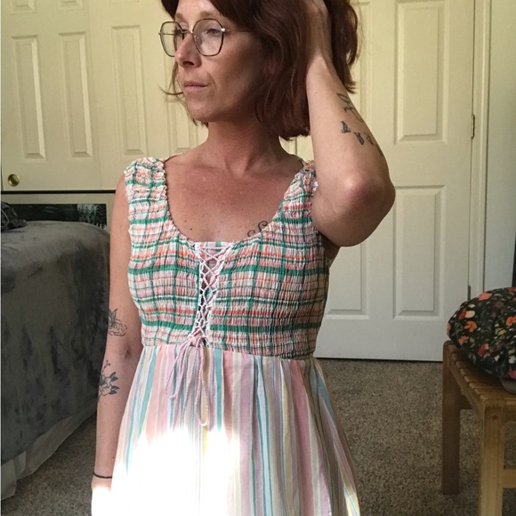 Vintage 1970’s Jody T California Pastel Ruched Lattice Tie Maxi Princess Dress - Picture 6 of 13